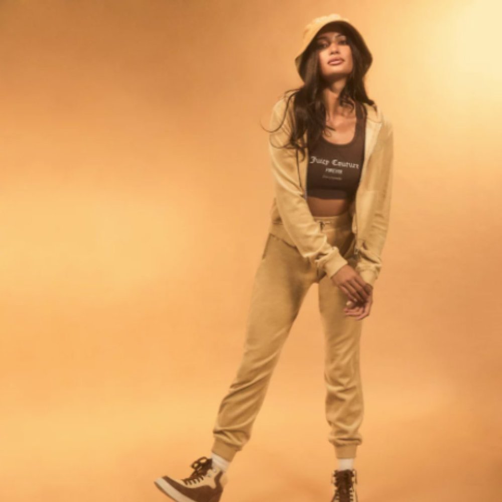 Juicy Couture Velour Tracksuit Set with Bucket Hat - Tan